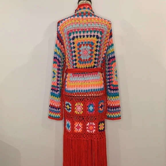Retro Granny Square Colorful Crochet Long Fringe Cardigan - Picture 10 of 12